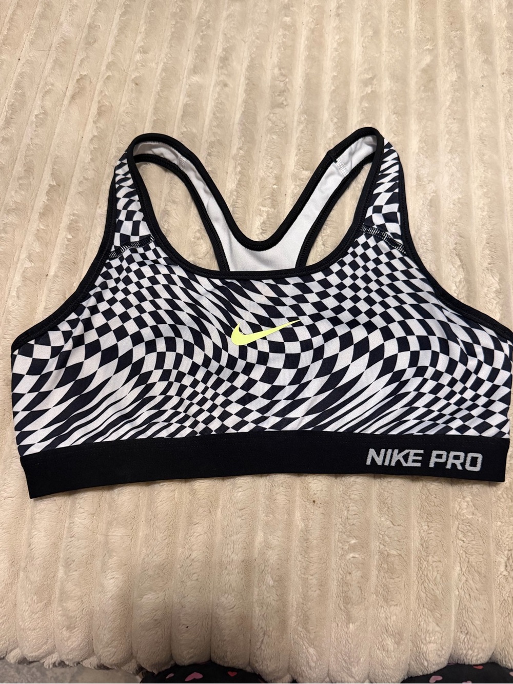 Nike Black & White Optical Sports Bra with Neon Yellow Swoosh